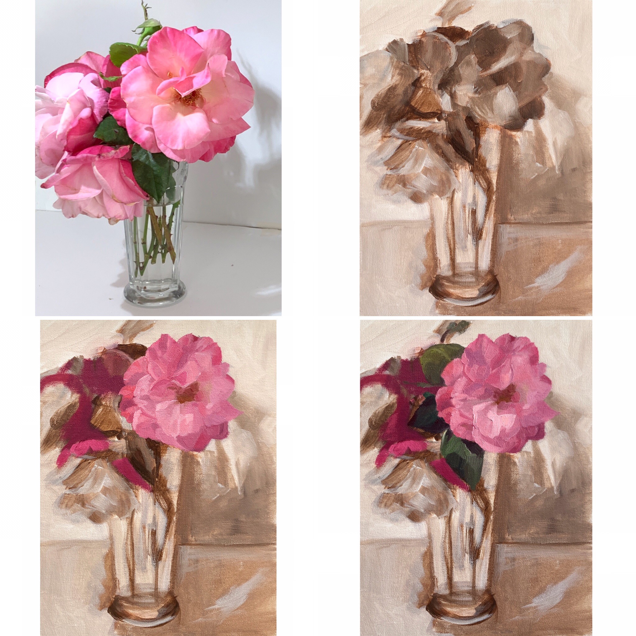 Clockwise from top left: Photo of flowers when I started, acrylic underpainting, getting started with my focal rose, then some darks and leaves