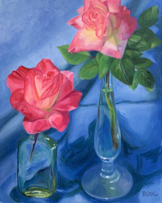 Roses with Blue Cloth," oil on Arches Oil paper, 12x9"