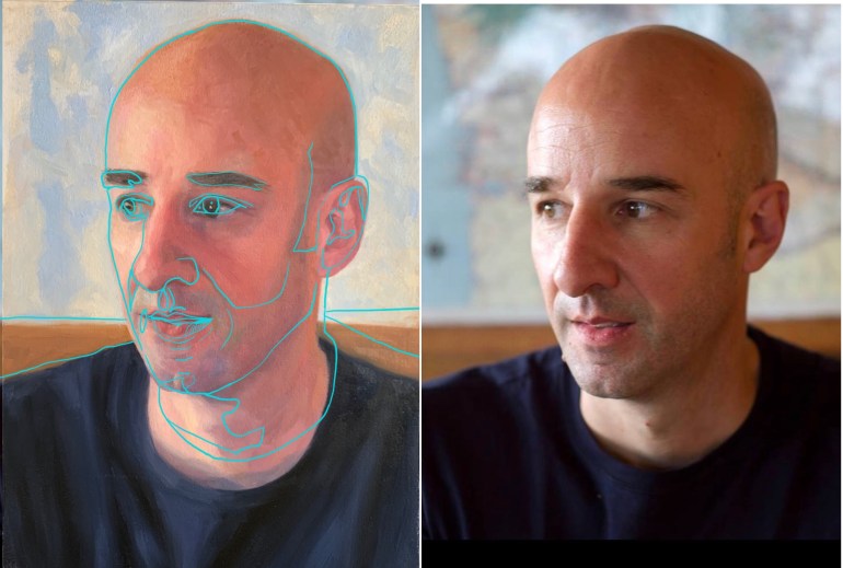 L: Traced photo on top of painting, R: FB photo