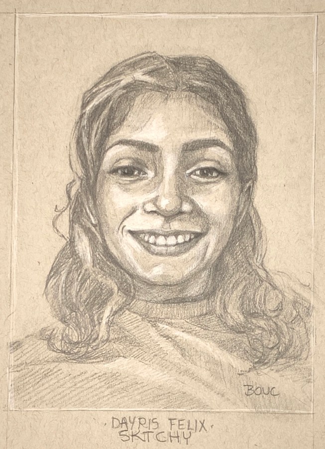 Initial pencil drawing of Dayris, 12x9"