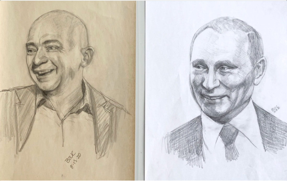 Jeff Bezos and V. Putin, graphite 12x9"