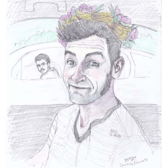 Happy Flower Garland with Onlooker, graphite and colored pencil on paper, 11x8"