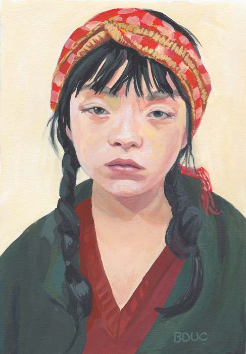 Sleepy Asian Girl, Gouache on paper, 10 x 7 inches