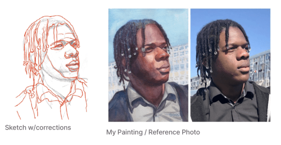 Sketch, painting and reference photo