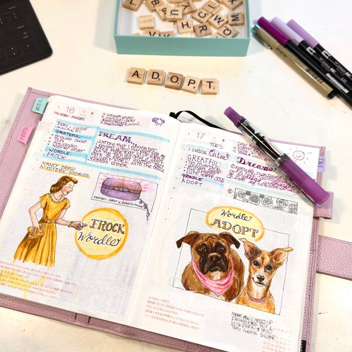 Sketches of two dogs and a lady in a dress as illustrations for Wordle “Adopt” and “Frock”