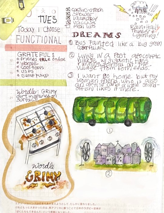 Wordle: GRIMY; Dreams: Caterpillar Bus and Village Fans - illustrations